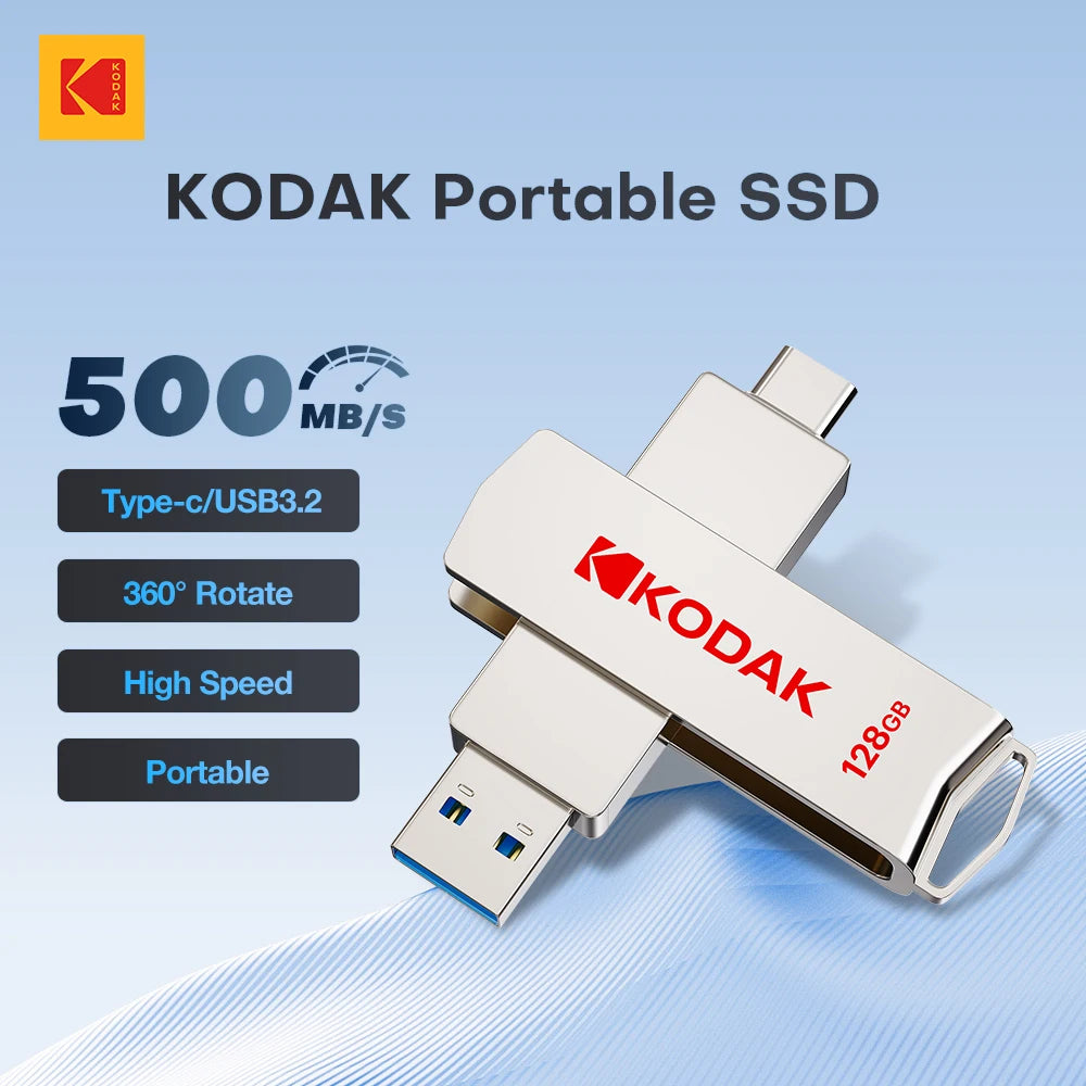 KODAK External SSD USB 3.2 Dual Interface Mobile Solid U Disk 500MB/S Portable Solid State Drive Storage USSD for Phone Laptops