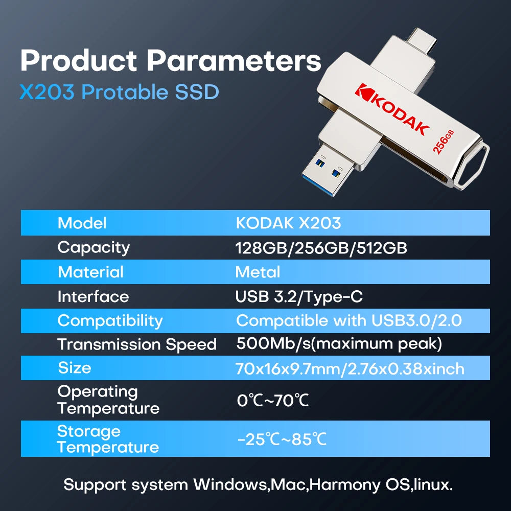 KODAK External SSD USB 3.2 Dual Interface Mobile Solid U Disk 500MB/S Portable Solid State Drive Storage USSD for Phone Laptops