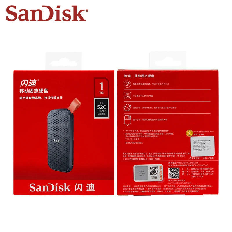 USB 3.2 Portable SSD Hard Drive SanDisk External Solid State Drive E30 1TB 2TB Max 800Mb/s Hard Disk for Laptop and Desktop