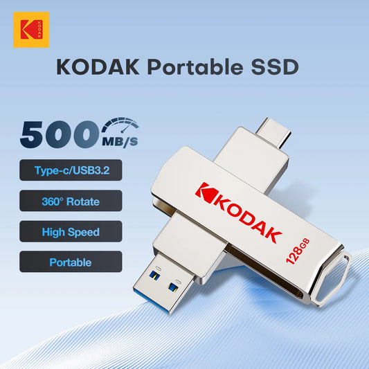 KODAK External SSD USB 3.2 Dual Interface Mobile Solid U Disk 500MB/S Portable Solid State Drive Storage USSD for Phone Laptops